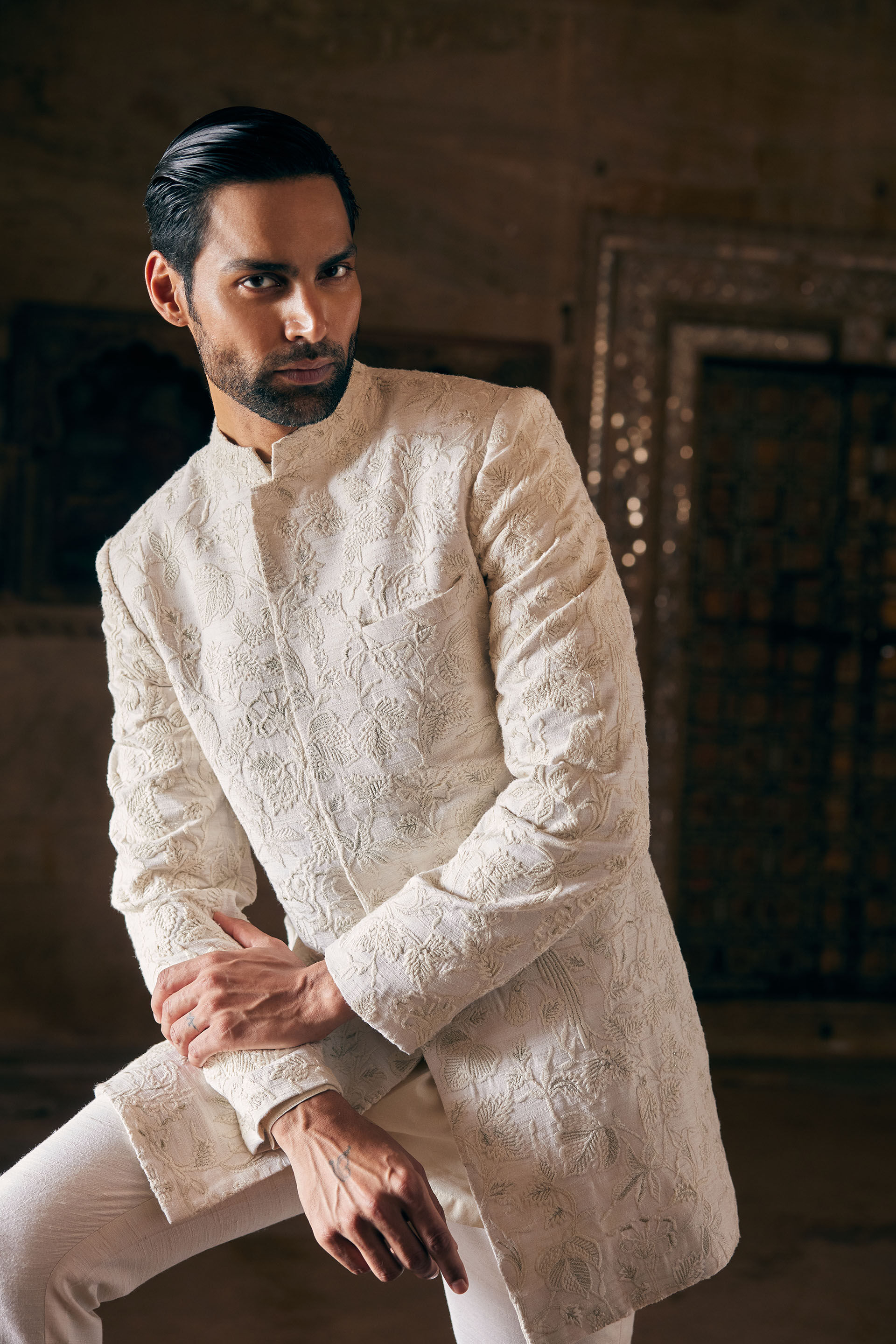 Aanav Embroidered Silk Sherwani - Off White, Off White, image 3
